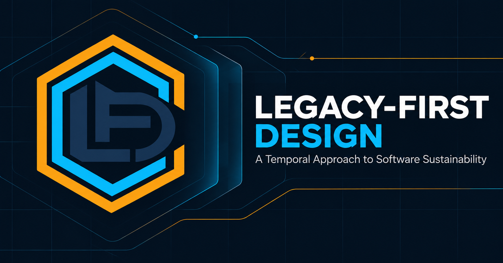 Legacy-First Design emblem representing a permanent software core protected by replaceable architectural layers.