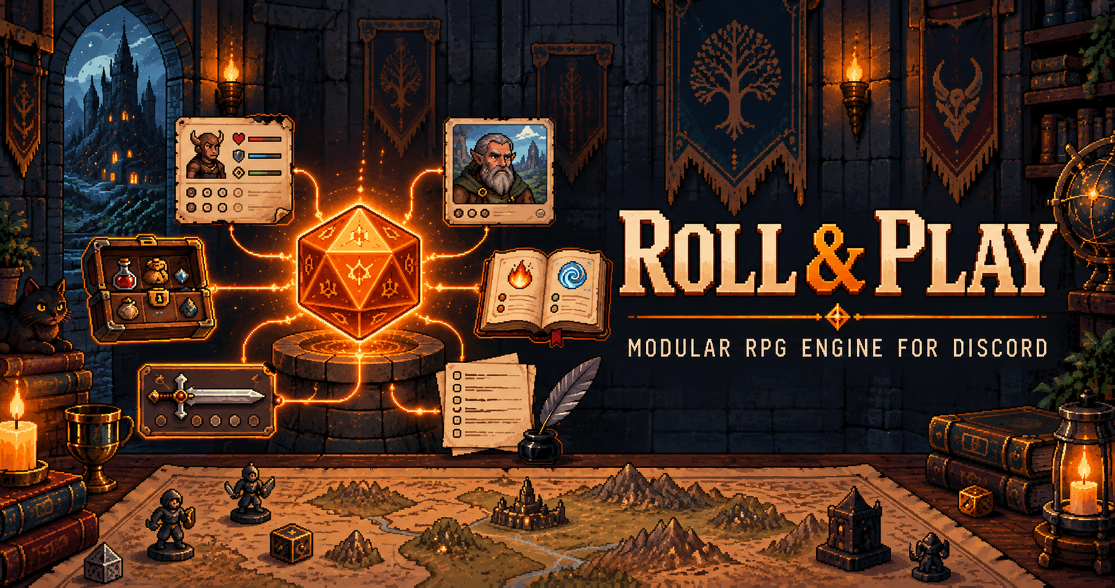 Pixel-art RPG table featuring a glowing twenty-sided die connected to character sheets, NPCs, inventory, combat, spells, and campaign notes.