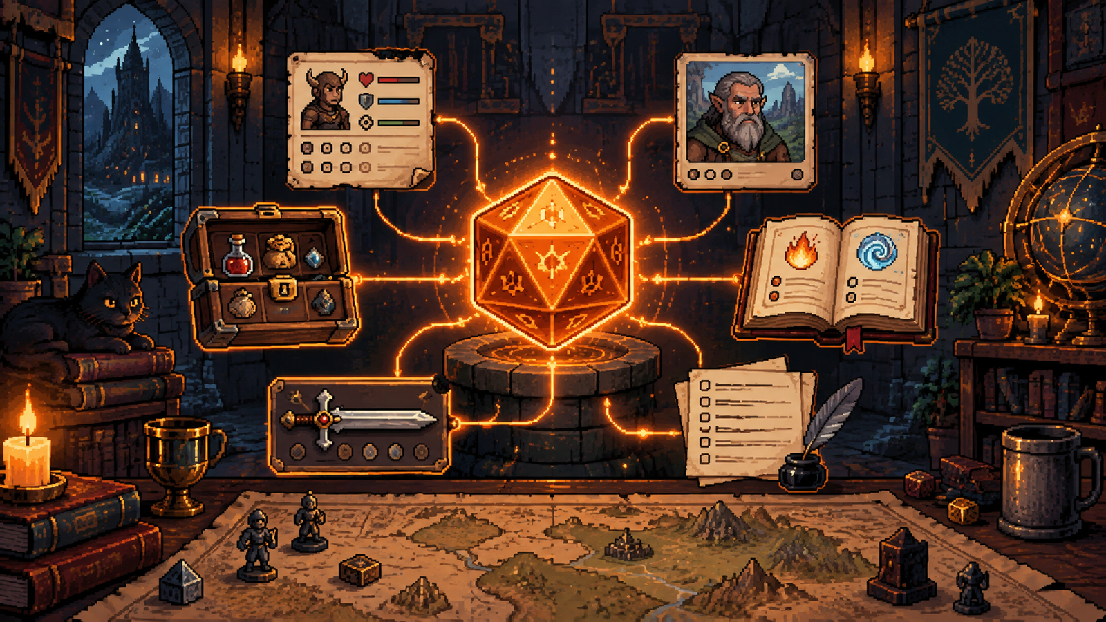 Roll & Play pixel-art cover featuring a glowing twenty-sided die connected to modular RPG tools on a fantasy tabletop.