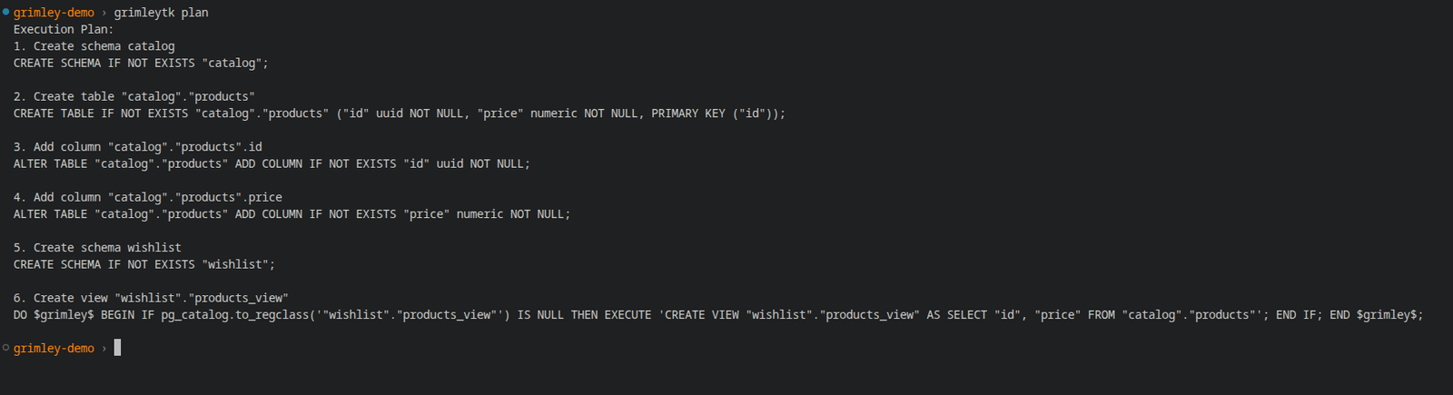 GrimleyTK cover showing a grimley.yaml declaration moving through validation, planning, and application into PostgreSQL schemas, tables, and views.