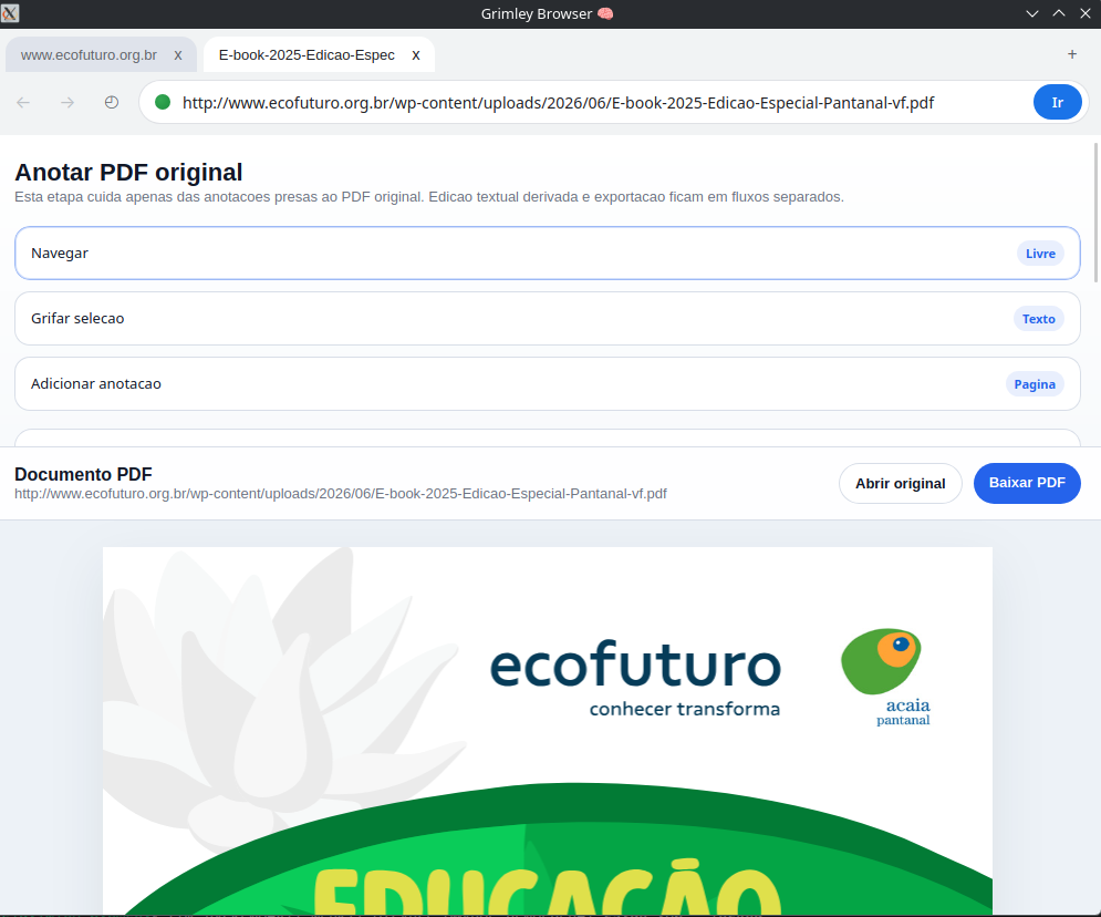 Integrated PDF workspace in Grimley Browser with document navigation and annotation controls.