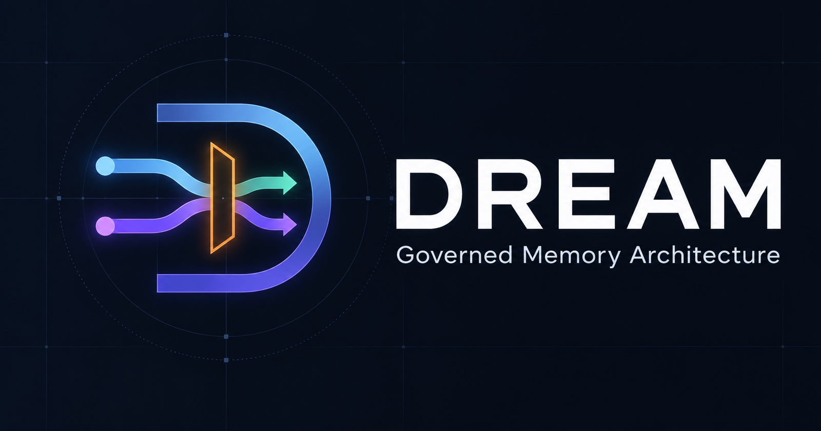 DREAM logo featuring two memory flows passing through a governance gate within a geometric letter D.