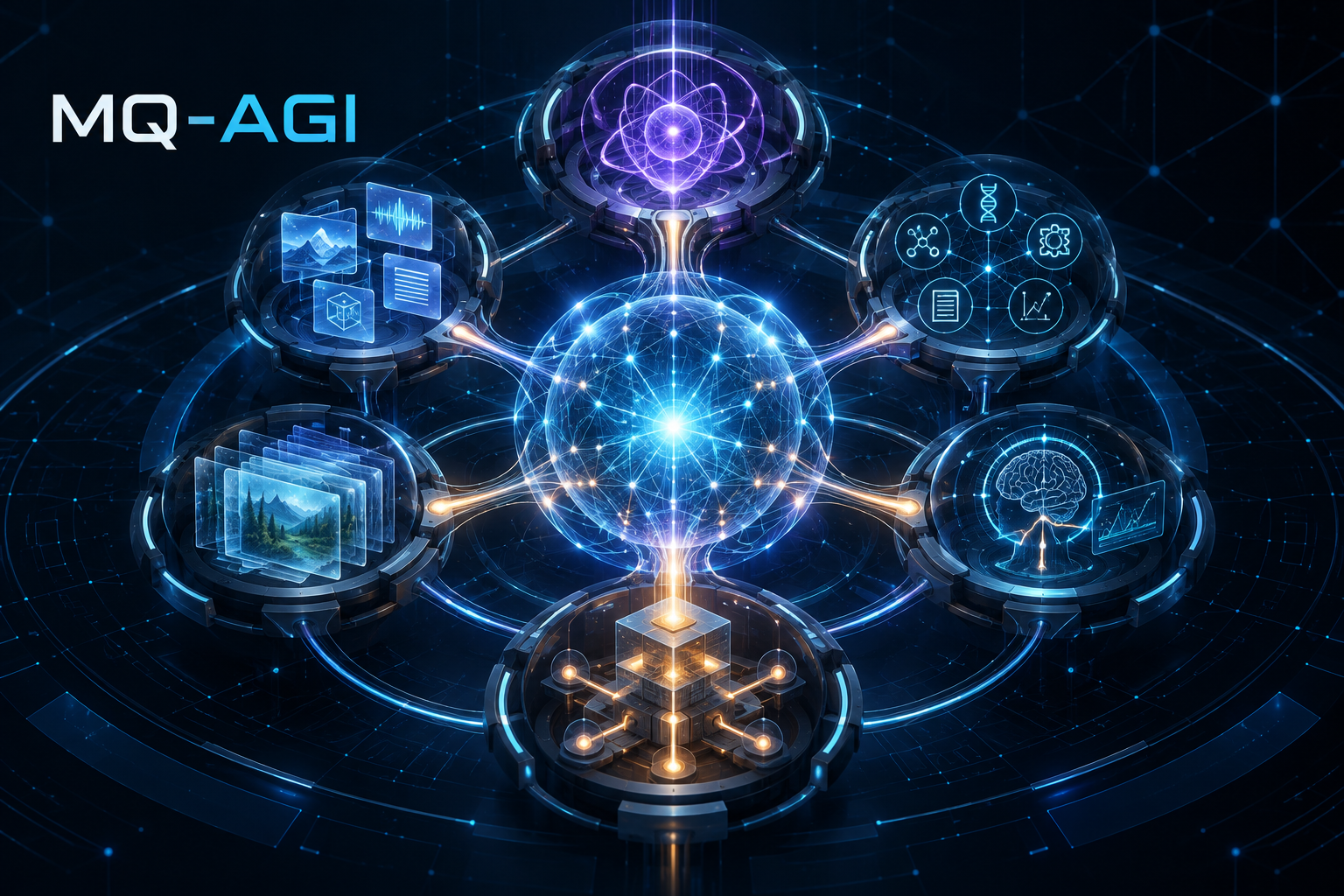 MQ-AGI architecture visual showing specialized cognitive modules connected to a Global Integrator Network and a quantum-inspired optimization core.